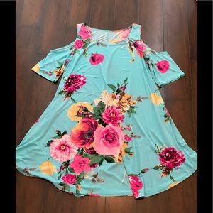Bright Turquoise Flower Cutout Sleeve Dress